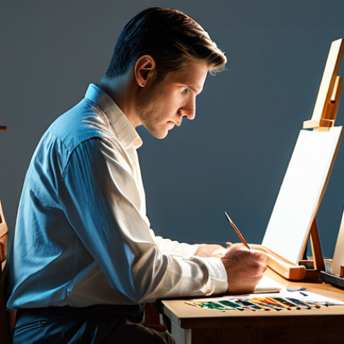 Home 18 A thoughtful male artist in a modest long-sleeved shirt and trousers, seated at a wooden desk in a well-lit art studio. He gazes contemplatively at a blank canvas, with traditional art supplies like brushes and paints neatly arranged beside a subtle, glowing digital tablet displaying abstract code patterns. The studio is clean and organized, emphasizing introspection and the depth of human creativity. perfect anatomy, correct proportions, natural pose, well-formed hands, proper finger count, natural body proportions, fully clothed, appropriate attire, professional dress, safe for work, appropriate content, modest, high quality, studio lighting, detailed.