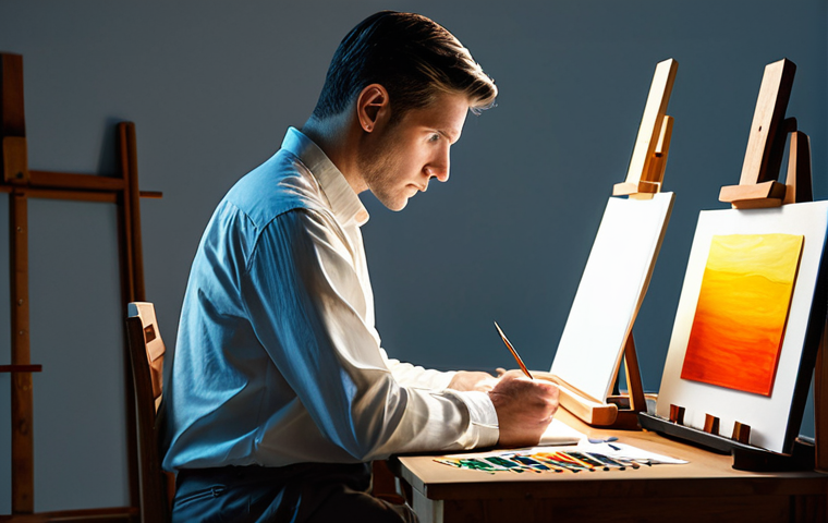 A thoughtful male artist in a modest long-sleeved shirt and trousers, seated at a wooden desk in a well-lit art studio. He gazes contemplatively at a blank canvas, with traditional art supplies like brushes and paints neatly arranged beside a subtle, glowing digital tablet displaying abstract code patterns. The studio is clean and organized, emphasizing introspection and the depth of human creativity. perfect anatomy, correct proportions, natural pose, well-formed hands, proper finger count, natural body proportions, fully clothed, appropriate attire, professional dress, safe for work, appropriate content, modest, high quality, studio lighting, detailed.
