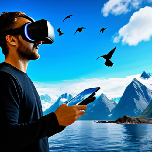 Home 17 ** A vibrant interactive VR art installation showcasing a digital world with flying birds, high mountains, and a deep ocean, allowing viewers to explore and interact freely, safe for work, appropriate content, fully clothed, professional photography, perfect anatomy, natural proportions.
**