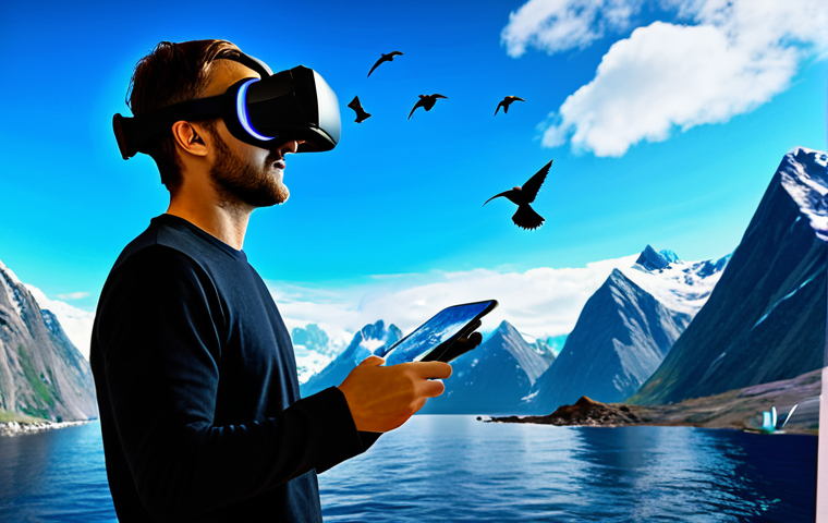 ** A vibrant interactive VR art installation showcasing a digital world with flying birds, high mountains, and a deep ocean, allowing viewers to explore and interact freely, safe for work, appropriate content, fully clothed, professional photography, perfect anatomy, natural proportions.
**