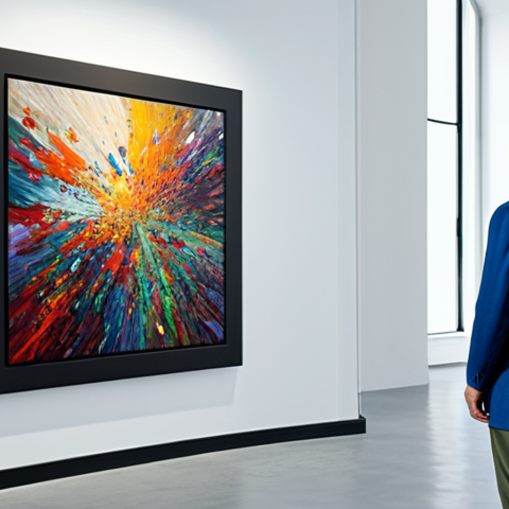 AI and Artistic Creation**

"A fully clothed artist stands beside a digital canvas displaying a vibrant, abstract painting generated by AI. The artist is looking thoughtfully at the artwork. Background: a modern, well-lit studio. Appropriate attire, safe for work, professional, perfect anatomy, natural proportions, high quality, family-friendly."

**