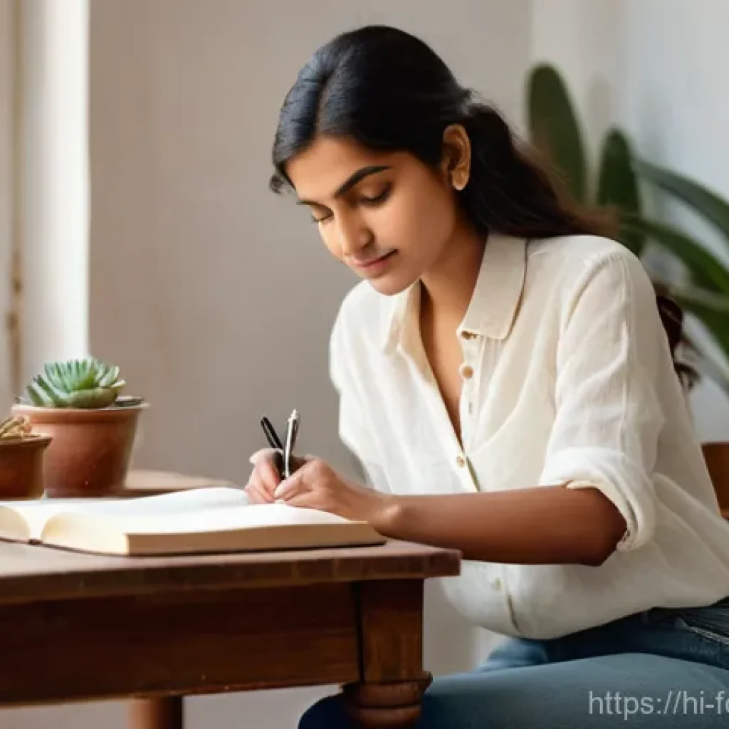 지속 가능한 창작 환경 만들기 - **Prompt:** A young Indian woman, in her late 20s, with a serene expression, sits comfortably at a r...