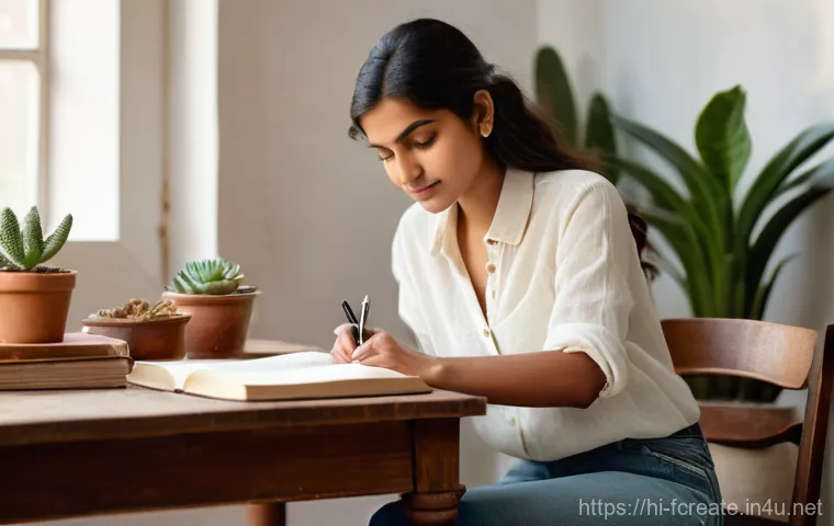 지속 가능한 창작 환경 만들기 - **Prompt:** A young Indian woman, in her late 20s, with a serene expression, sits comfortably at a r...