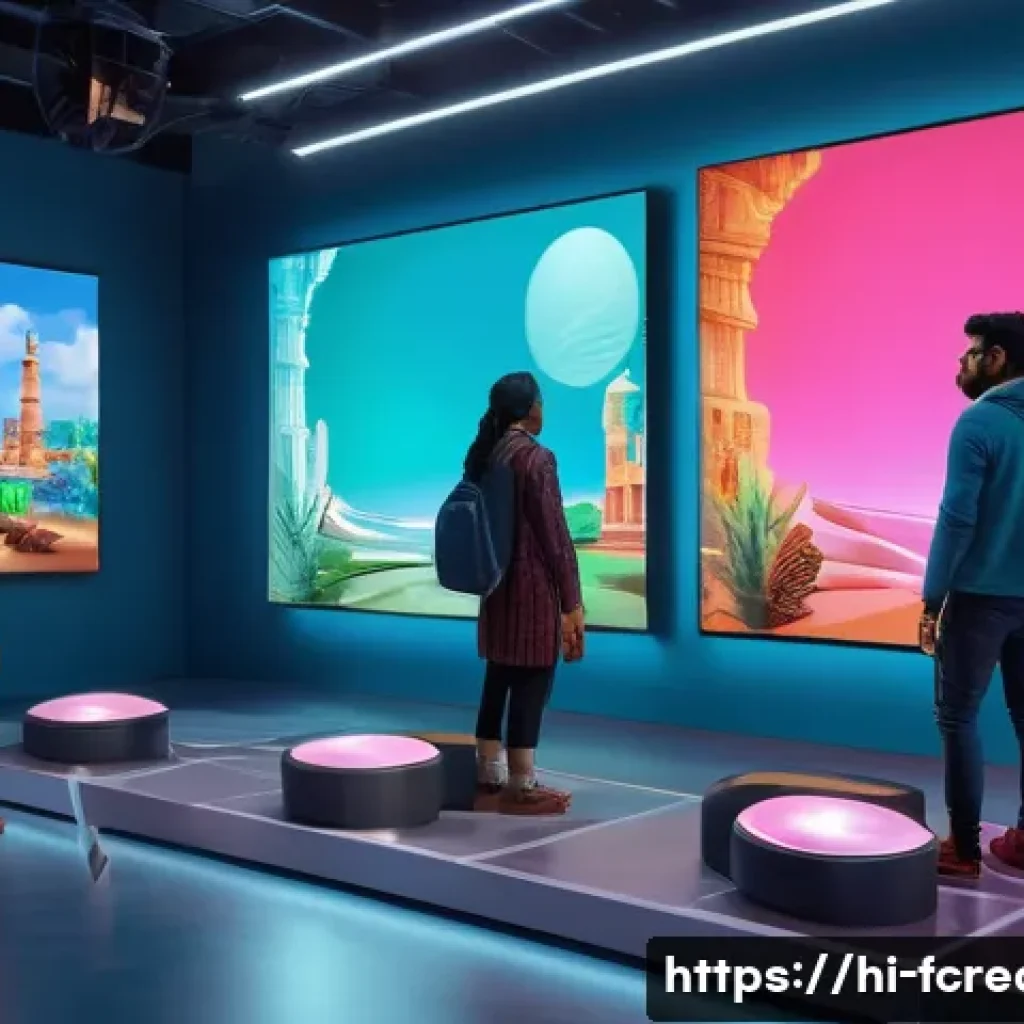 VR과 AR을 활용한 창작 워크숍 - A vibrant digital art studio set in a futuristic VR environment, featuring diverse Indian artists we...