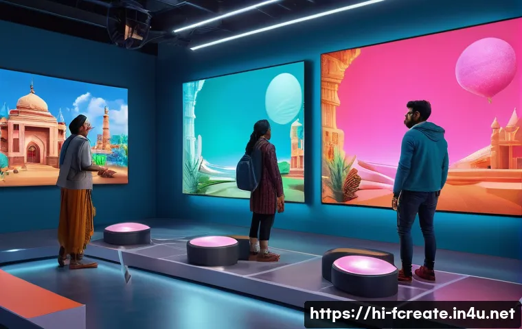 VR과 AR을 활용한 창작 워크숍 - A vibrant digital art studio set in a futuristic VR environment, featuring diverse Indian artists we...