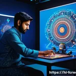창작의 자동화  기술적 도전 - A vibrant digital art studio scene showing an Indian artist collaborating with a futuristic AI robot...