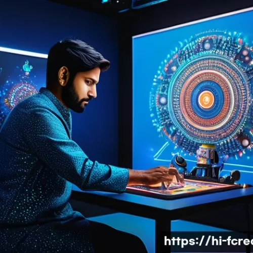 창작의 자동화  기술적 도전 - A vibrant digital art studio scene showing an Indian artist collaborating with a futuristic AI robot...
