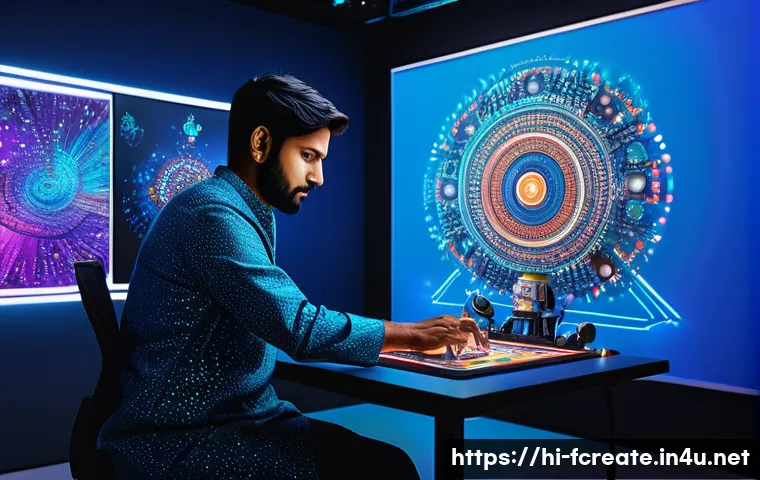 창작의 자동화  기술적 도전 - A vibrant digital art studio scene showing an Indian artist collaborating with a futuristic AI robot...