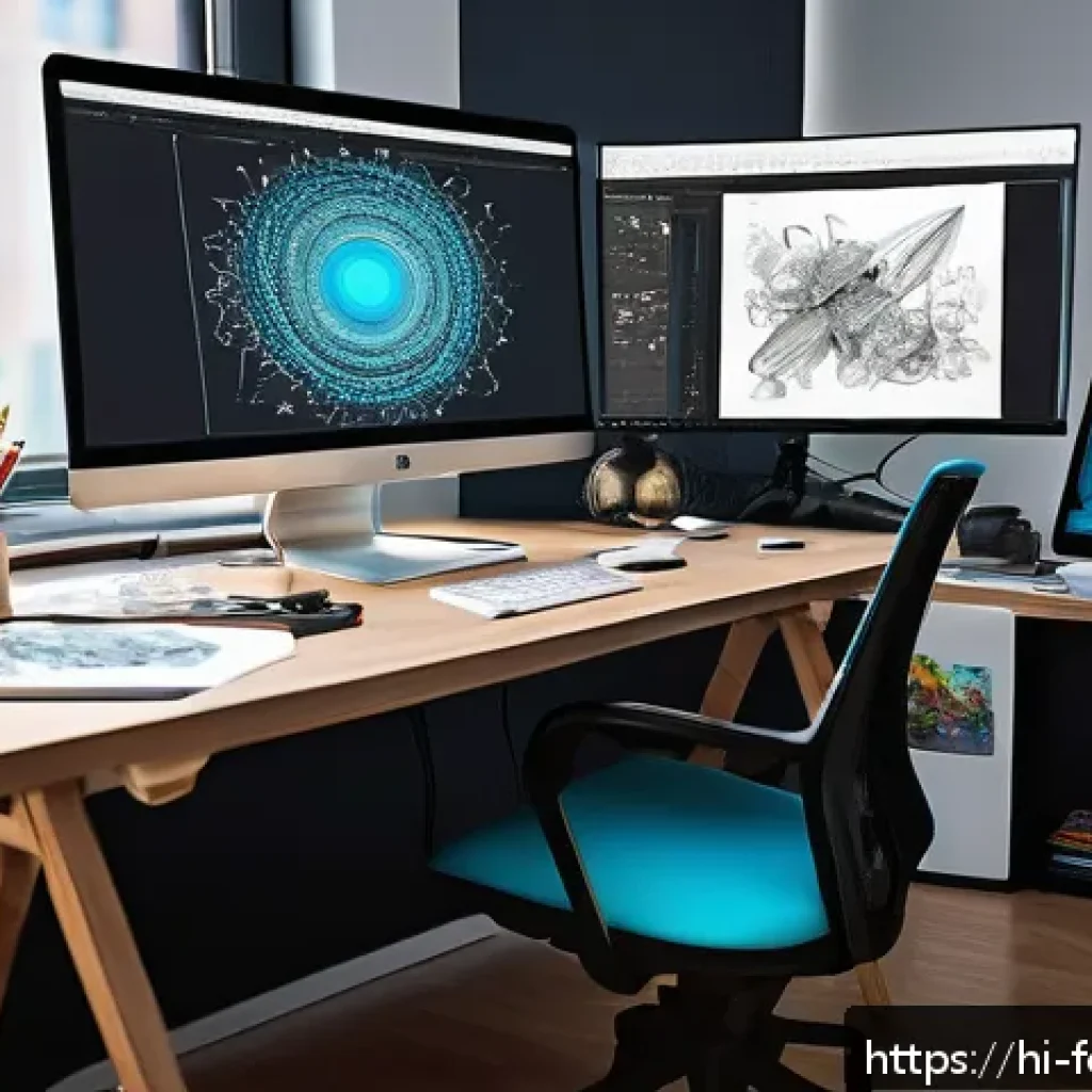디지털 아티스트의 미래 역할 - A digital artist&rsquo;s workspace featuring a modern computer screen displaying AI-powered drawing softwa...