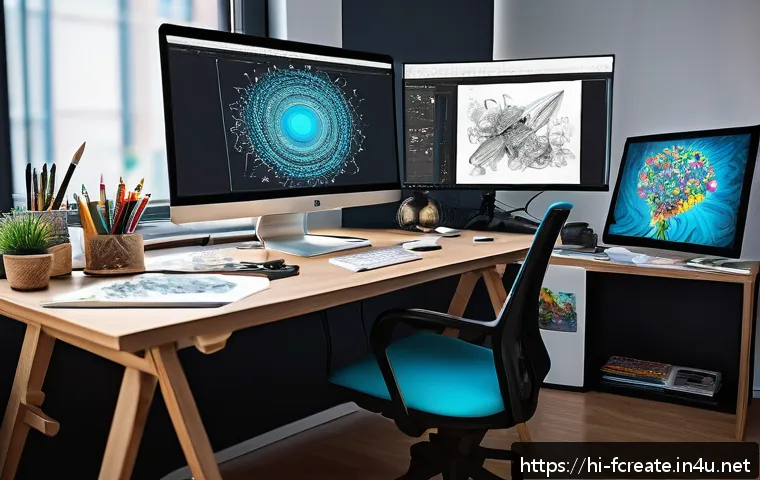 디지털 아티스트의 미래 역할 - A digital artist&rsquo;s workspace featuring a modern computer screen displaying AI-powered drawing softwa...