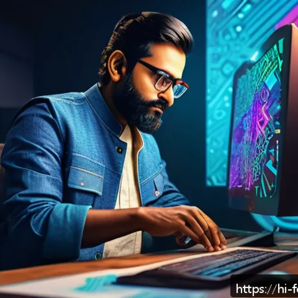 인공지능을 통한 창작의 효율성 - A vibrant digital art studio scene featuring an Indian artist using AI-powered graphic design softwa...