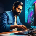 인공지능을 통한 창작의 효율성 - A vibrant digital art studio scene featuring an Indian artist using AI-powered graphic design softwa...