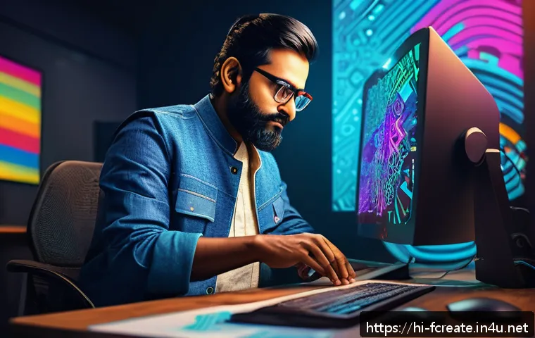 인공지능을 통한 창작의 효율성 - A vibrant digital art studio scene featuring an Indian artist using AI-powered graphic design softwa...