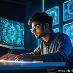 디지털 창작  기계와의 협업 - A futuristic creative workspace blending human intellect and AI technology: a young Indian male arti...