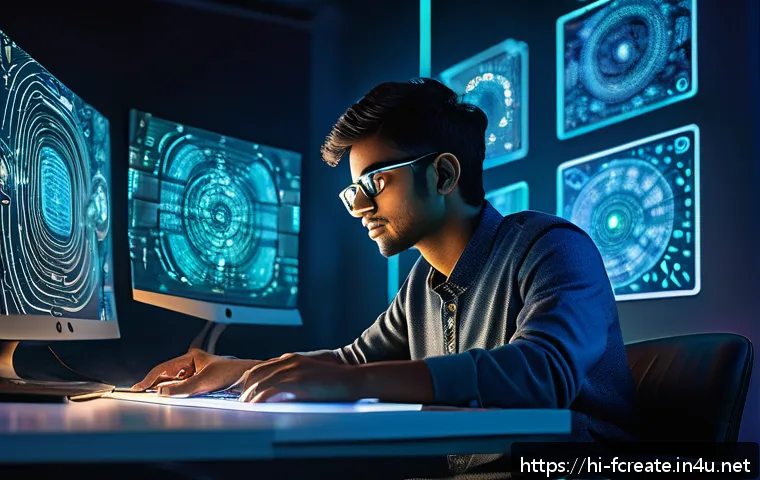 디지털 창작  기계와의 협업 - A futuristic creative workspace blending human intellect and AI technology: a young Indian male arti...