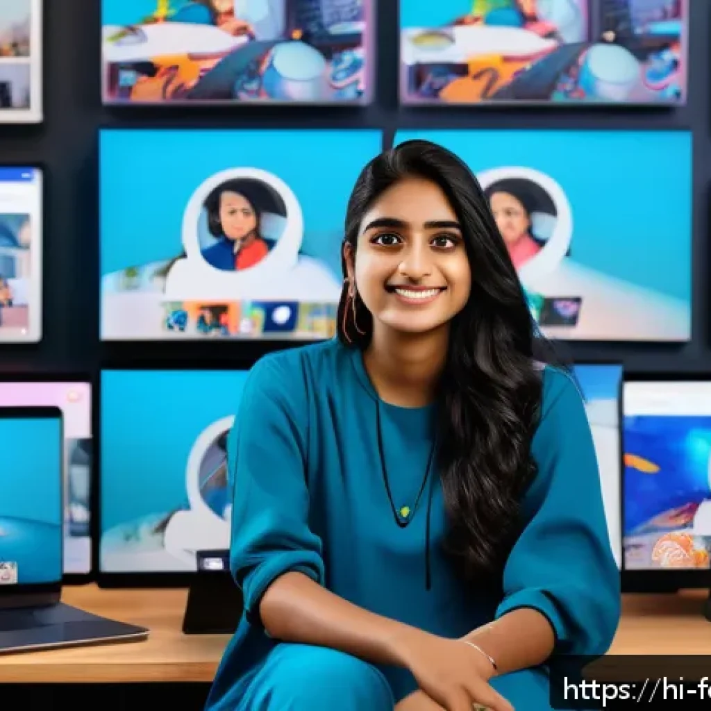 크리에이터 경제와 미래의 창작 - A vibrant digital content creator workspace featuring a young Indian woman wearing modest casual clo...
