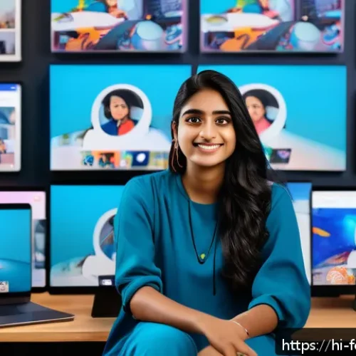 크리에이터 경제와 미래의 창작 - A vibrant digital content creator workspace featuring a young Indian woman wearing modest casual clo...