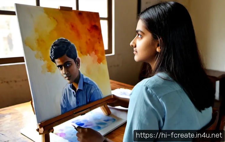 AI가 제시하는 창작의 한계와 가능성 - Photorealistic scene of a young Indian Hindi-speaking artist in a sunlit Mumbai studio, thoughtfully...